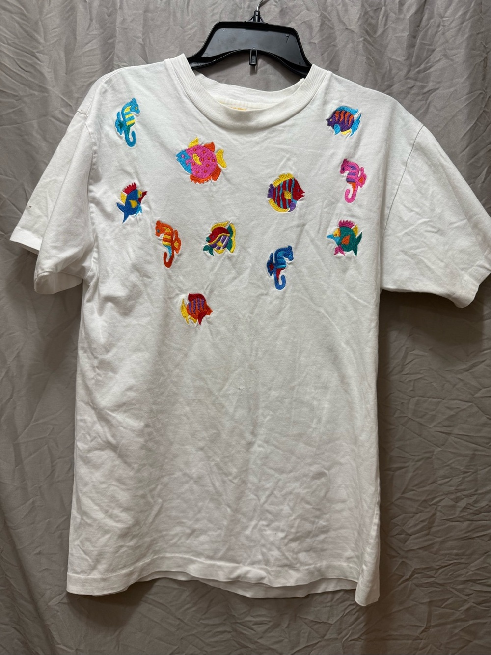 K White T-Shirt with Colorful Fish Embroidery